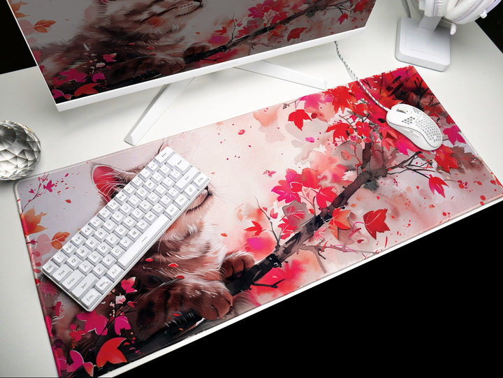 Autumn Slumber Design 2, Desk Pad, Mouse Pad, Desk Mat, Crimson Whispers, Feline Grace, Nature's Muse
