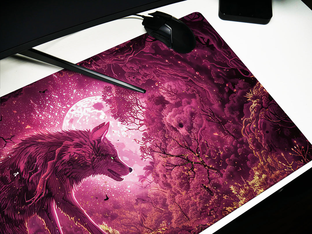 Dream Weaver Design 2, Desk Pad, Mouse Pad, Desk Mat, Mystical Forest, Moonlit Silhouette, Enchanted Wilderness, Majestic Beast