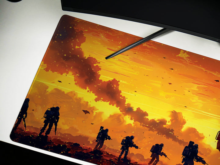 Celestial Mech Design 6, Desk Pad, Dusk Vanguard, Sunset Armada, Warrior's Silhouette