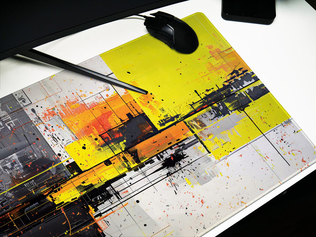 Urban Velocity Design 2, Desk Pad, Mouse Pad, Desk Mat, Abstract Urban Chaos, Splatter Artwork, Vibrant Office Decor