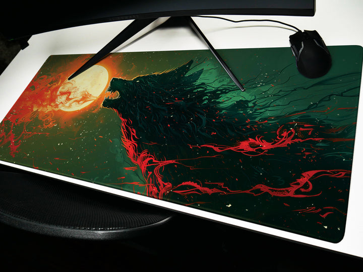 Lunar Howl Design 1, Desk Pad, Wide Mouse Mat, Fiery Night Beast, Mystical Moonlit Sky, Artistic Inferno