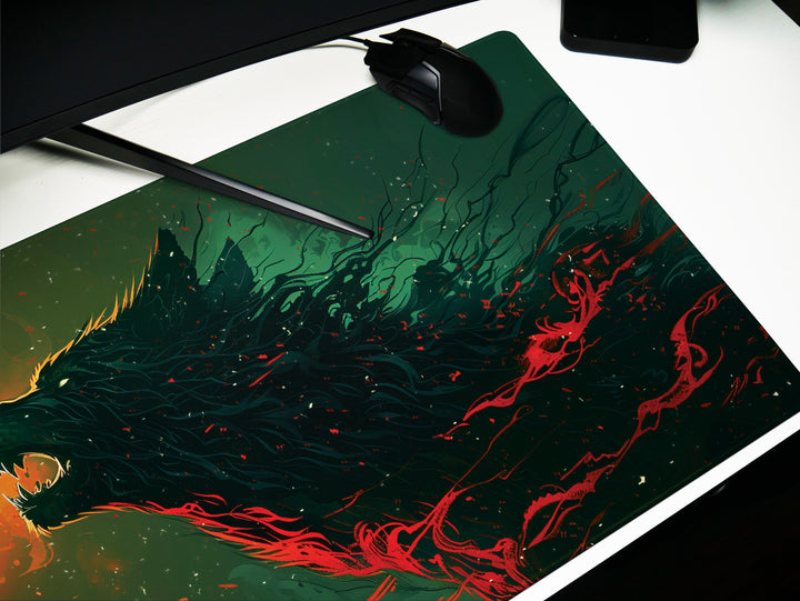 Lunar Howl Design 1, Desk Pad, Wide Mouse Mat, Fiery Night Beast, Mystical Moonlit Sky, Artistic Inferno