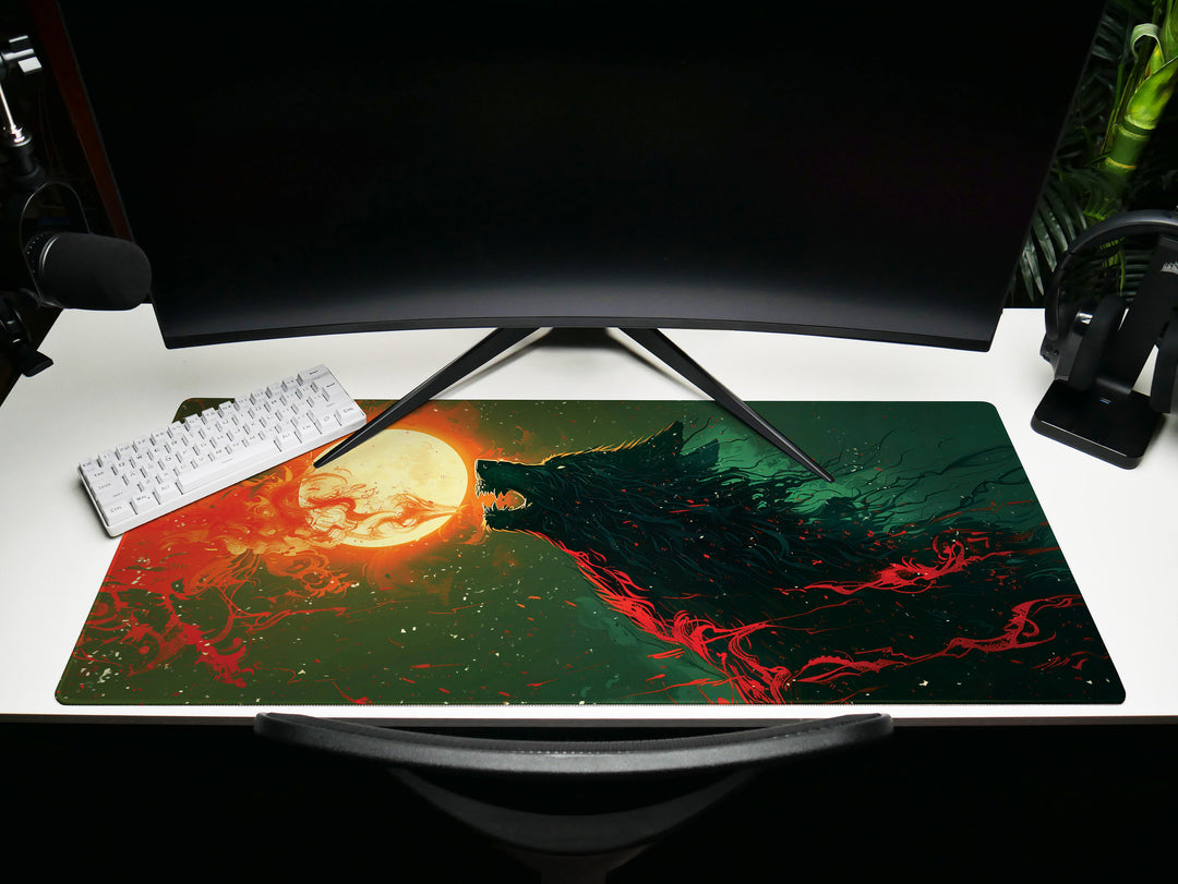 Lunar Howl Design 1, Desk Pad, Wide Mouse Mat, Fiery Night Beast, Mystical Moonlit Sky, Artistic Inferno