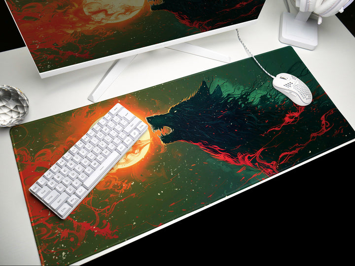Lunar Howl Design 1, Desk Pad, Wide Mouse Mat, Fiery Night Beast, Mystical Moonlit Sky, Artistic Inferno