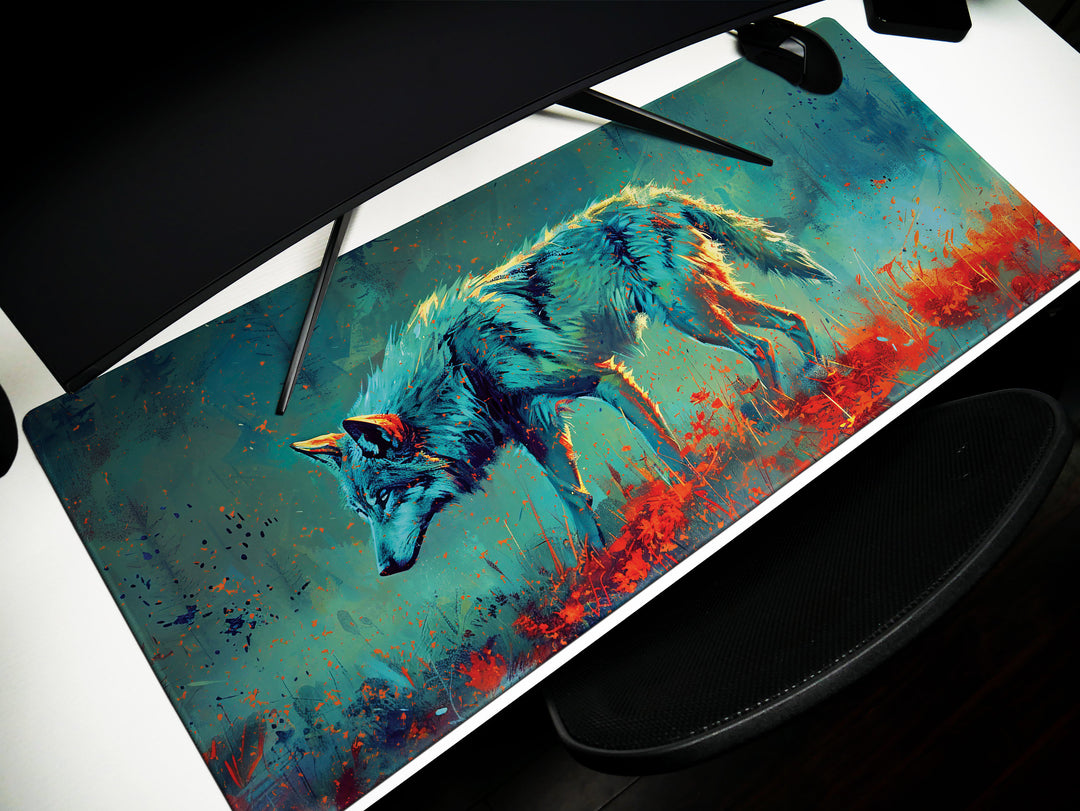 Lunar Howl Design 2, Desk Pad, Commanding Canine Fury, Wild Brushstrokes, Dynamic Energy Splash