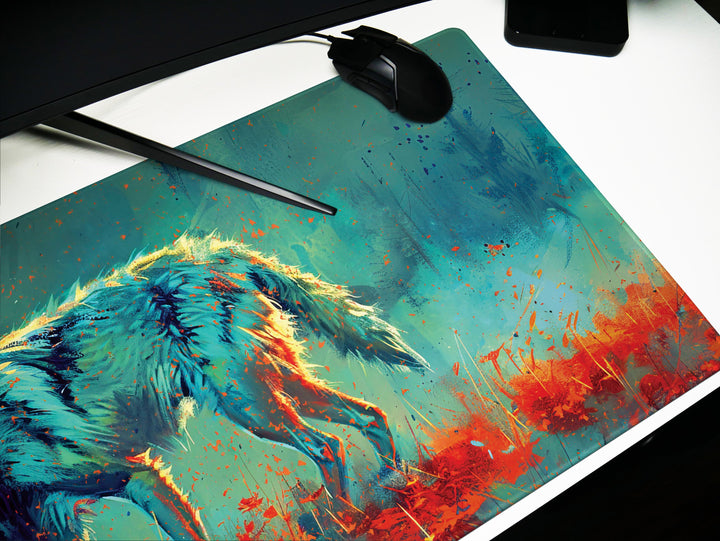 Lunar Howl Design 2, Desk Pad, Commanding Canine Fury, Wild Brushstrokes, Dynamic Energy Splash
