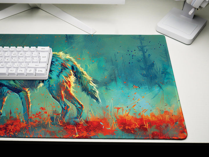 Lunar Howl Design 2, Desk Pad, Commanding Canine Fury, Wild Brushstrokes, Dynamic Energy Splash
