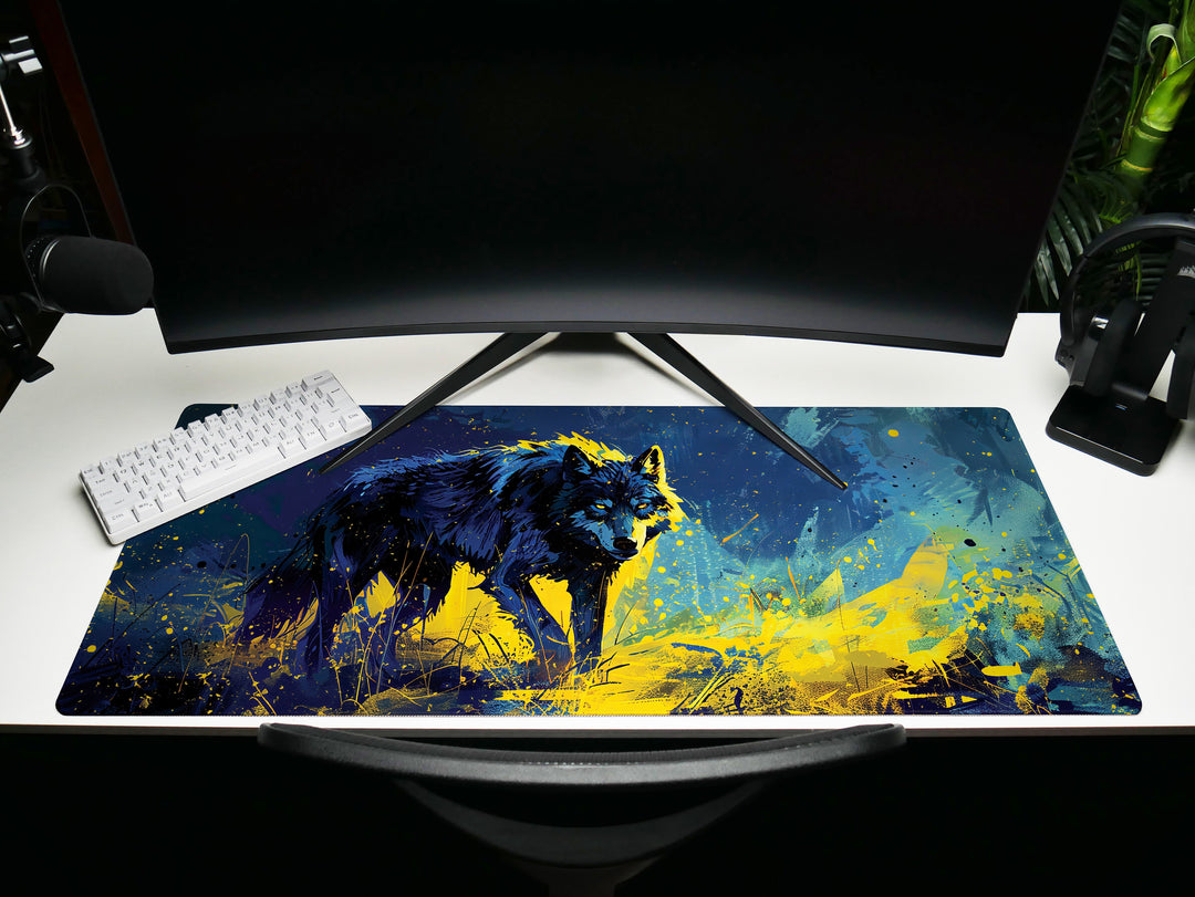 Lunar Howl Design 3, Desk Pad, Celestial Canine Serenade, Neon Night Howler, Enigmatic Purple Essence