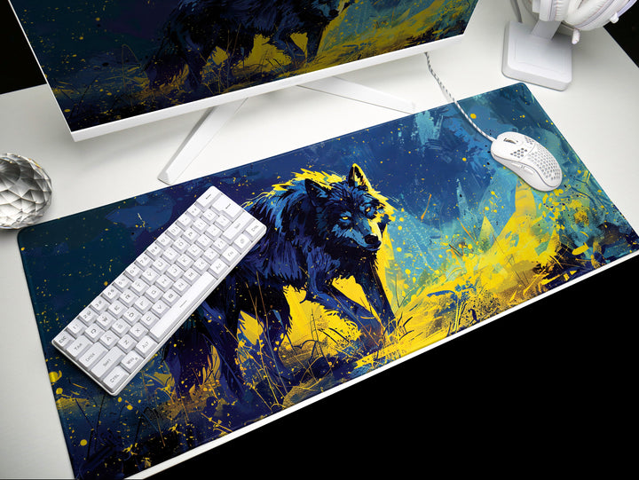 Lunar Howl Design 3, Desk Pad, Celestial Canine Serenade, Neon Night Howler, Enigmatic Purple Essence