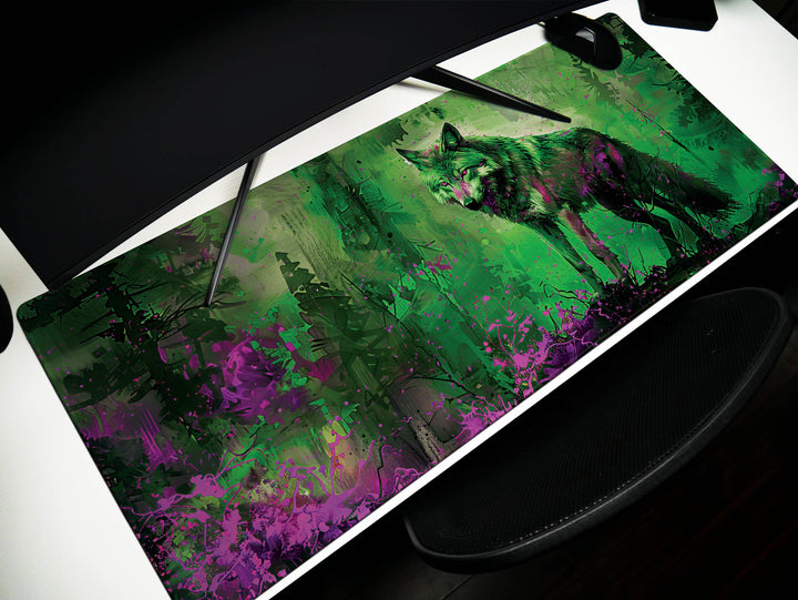 Lunar Howl Design 4, Desk Pad, Emerald Enigma, Nature's Guardian, Vivid Wilderness Vista