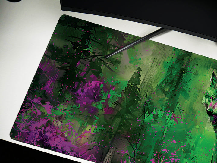 Lunar Howl Design 4, Desk Pad, Emerald Enigma, Nature's Guardian, Vivid Wilderness Vista