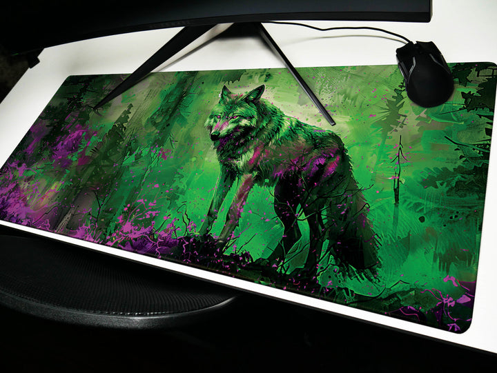 Lunar Howl Design 4, Desk Pad, Emerald Enigma, Nature's Guardian, Vivid Wilderness Vista