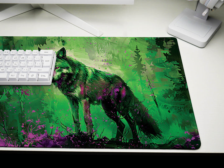 Lunar Howl Design 4, Desk Pad, Emerald Enigma, Nature's Guardian, Vivid Wilderness Vista