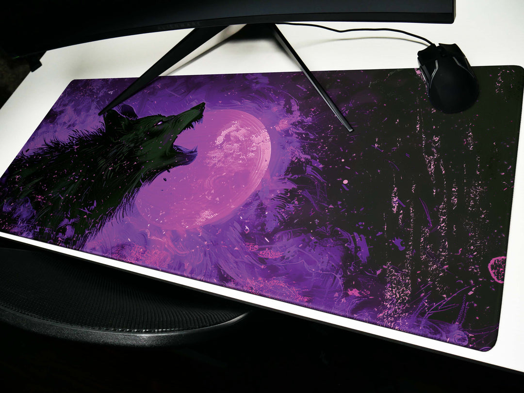 Lunar Howl Design 5, Desk Pad, Sapphire Stalker, Starry Wilderness, Electric Yellow Essence