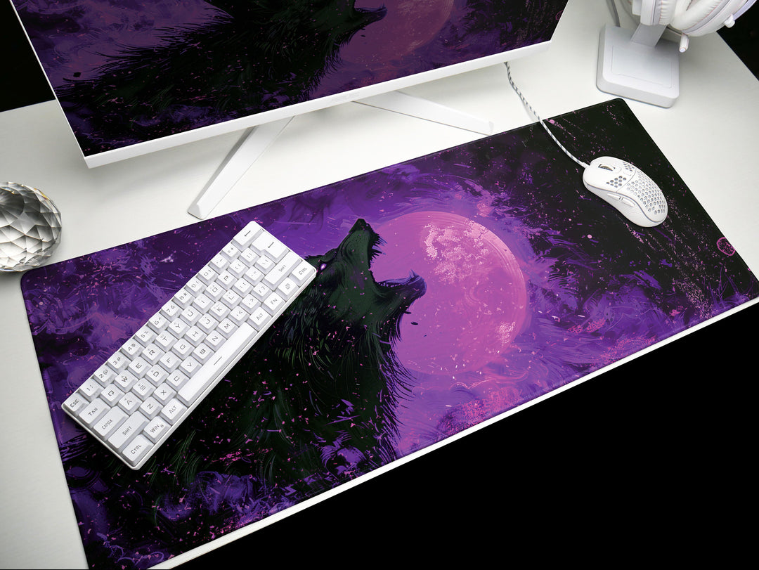 Lunar Howl Design 5, Desk Pad, Sapphire Stalker, Starry Wilderness, Electric Yellow Essence