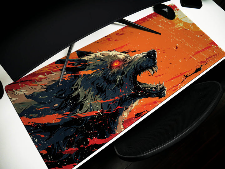 Lunar Howl Design 6, Desk Pad, Artic Echo, Frosty Foliage Fantasy, Crimson Dawn Contrast