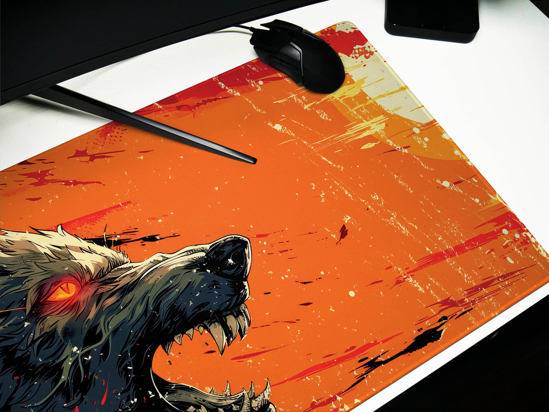 Lunar Howl Design 6, Desk Pad, Artic Echo, Frosty Foliage Fantasy, Crimson Dawn Contrast