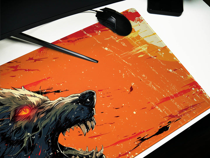Lunar Howl Design 6, Desk Pad, Artic Echo, Frosty Foliage Fantasy, Crimson Dawn Contrast