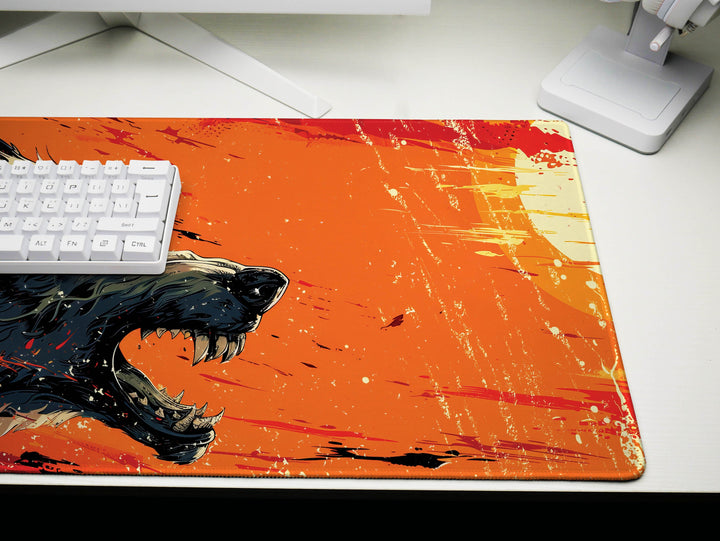 Lunar Howl Design 6, Desk Pad, Artic Echo, Frosty Foliage Fantasy, Crimson Dawn Contrast