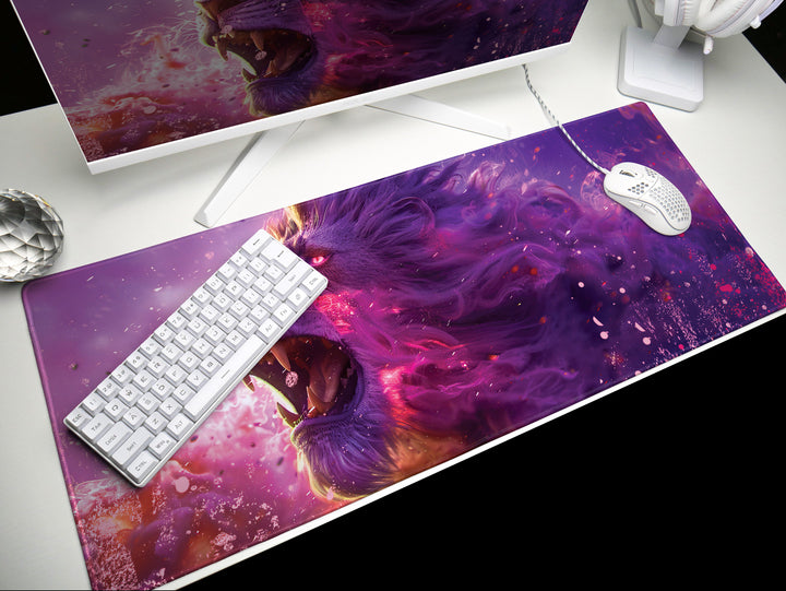 Majestic Roar Design 1, Desk Pad, Mouse Pad, Desk Mat, Ethereal Purple Essence, Fierce Creature Art