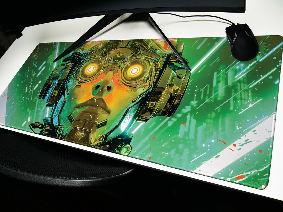 Cybernetic Vision Design 1, Desk Pad, Futuristic Tech, Dynamic Cyborg, Neon Green Overload, Wide Format, Gaming Glory