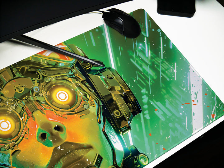 Cybernetic Vision Design 1, Desk Pad, Futuristic Tech, Dynamic Cyborg, Neon Green Overload, Wide Format, Gaming Glory