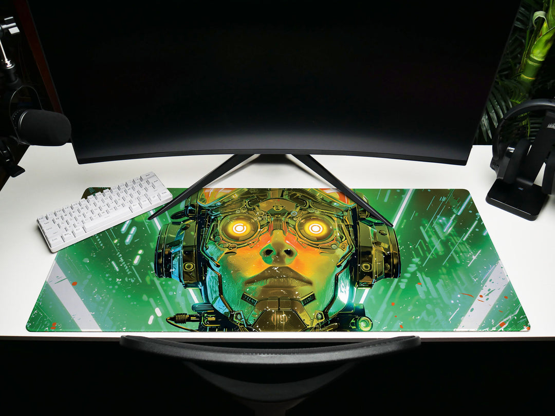 Cybernetic Vision Design 1, Desk Pad, Futuristic Tech, Dynamic Cyborg, Neon Green Overload, Wide Format, Gaming Glory