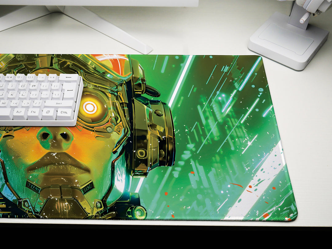 Cybernetic Vision Design 1, Desk Pad, Futuristic Tech, Dynamic Cyborg, Neon Green Overload, Wide Format, Gaming Glory