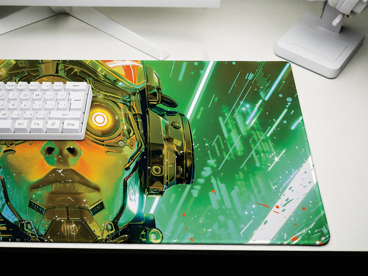 Cybernetic Vision Design 1, Desk Pad, Futuristic Tech, Dynamic Cyborg, Neon Green Overload, Wide Format, Gaming Glory