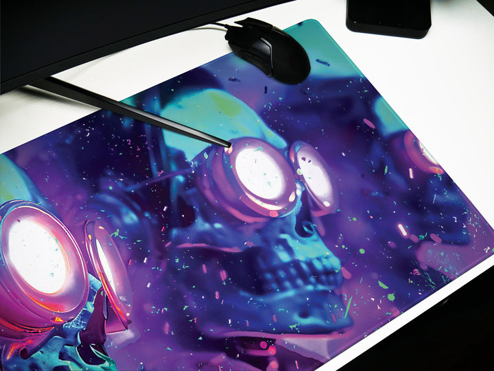 Cybernetic Vision Design 3, Desk Pad, Skull Symphony, Neon Dreamscape, Vibrant Surrealism, Wide Format, Techno-Spectral