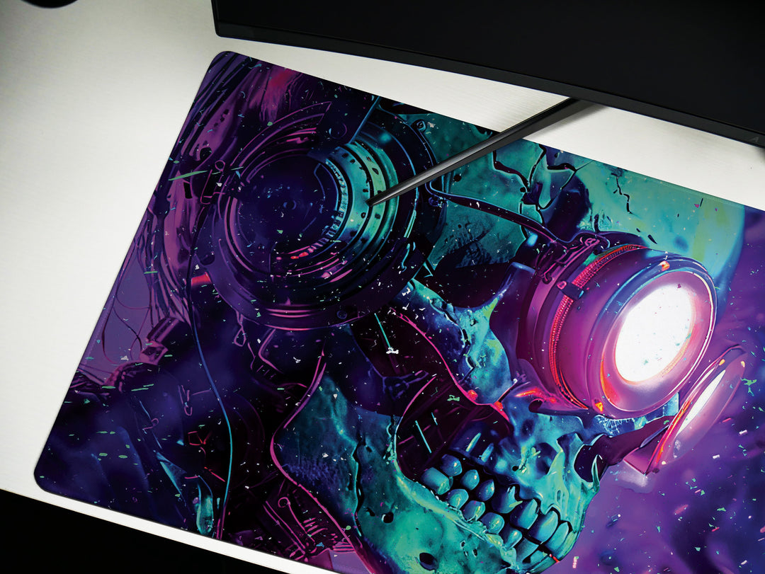 Cybernetic Vision Design 3, Desk Pad, Skull Symphony, Neon Dreamscape, Vibrant Surrealism, Wide Format, Techno-Spectral