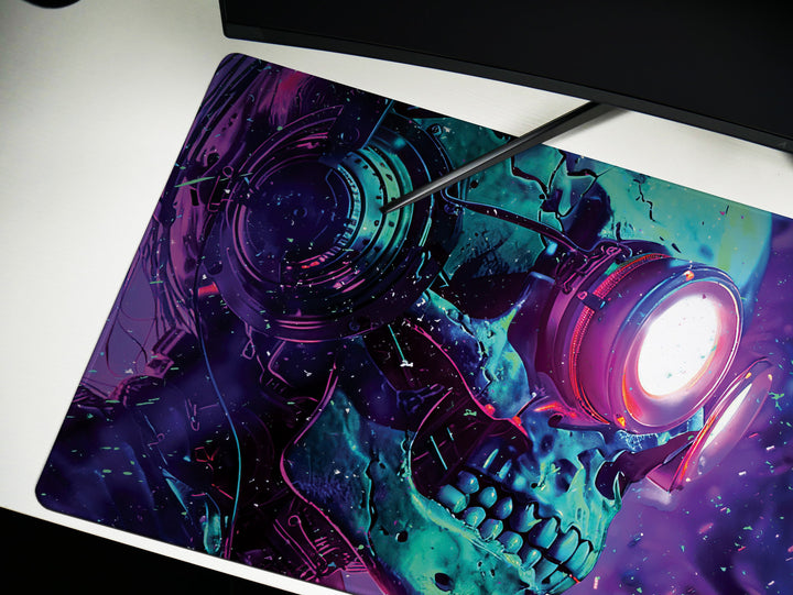 Cybernetic Vision Design 3, Desk Pad, Skull Symphony, Neon Dreamscape, Vibrant Surrealism, Wide Format, Techno-Spectral