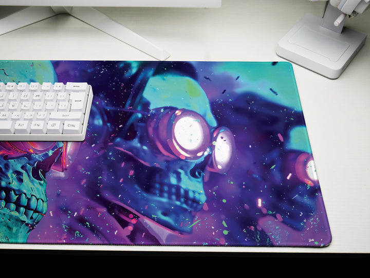 Cybernetic Vision Design 3, Desk Pad, Skull Symphony, Neon Dreamscape, Vibrant Surrealism, Wide Format, Techno-Spectral