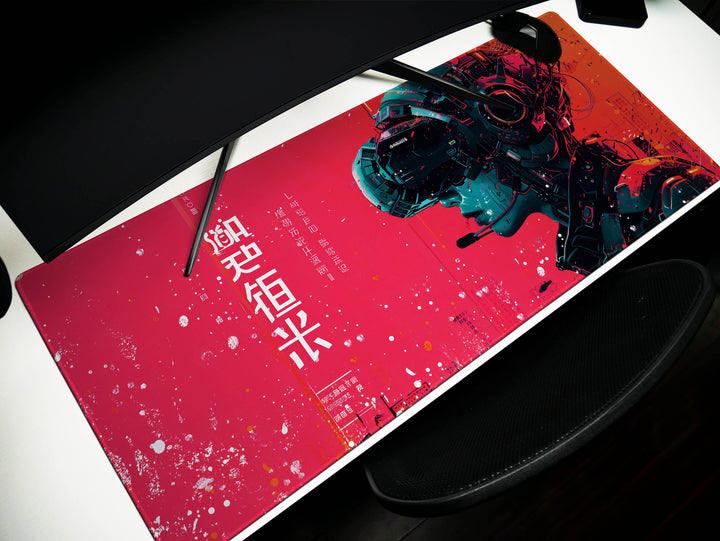 Cybernetic Vision Design 4, Desk Pad, Red Interface, Asian Fusion, Tech Noir Elegance, Wide Format, Cyberpunk Aesthetics