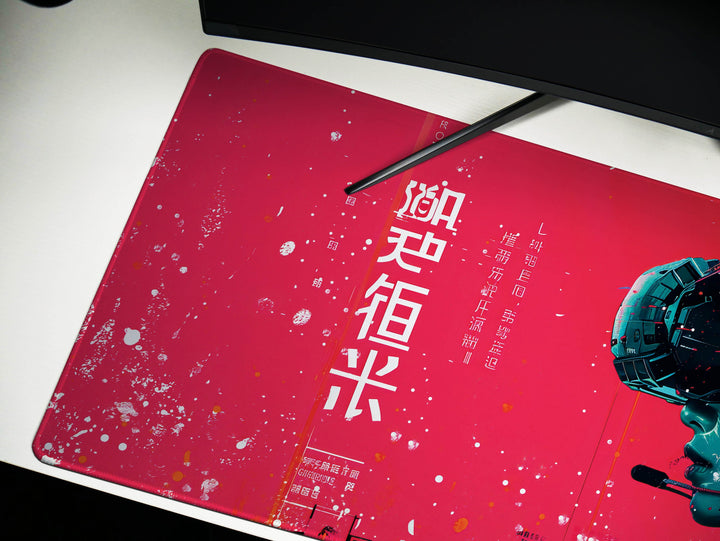 Cybernetic Vision Design 4, Desk Pad, Red Interface, Asian Fusion, Tech Noir Elegance, Wide Format, Cyberpunk Aesthetics