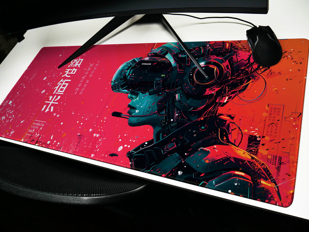 Cybernetic Vision Design 4, Desk Pad, Red Interface, Asian Fusion, Tech Noir Elegance, Wide Format, Cyberpunk Aesthetics