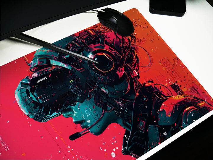 Cybernetic Vision Design 4, Desk Pad, Red Interface, Asian Fusion, Tech Noir Elegance, Wide Format, Cyberpunk Aesthetics