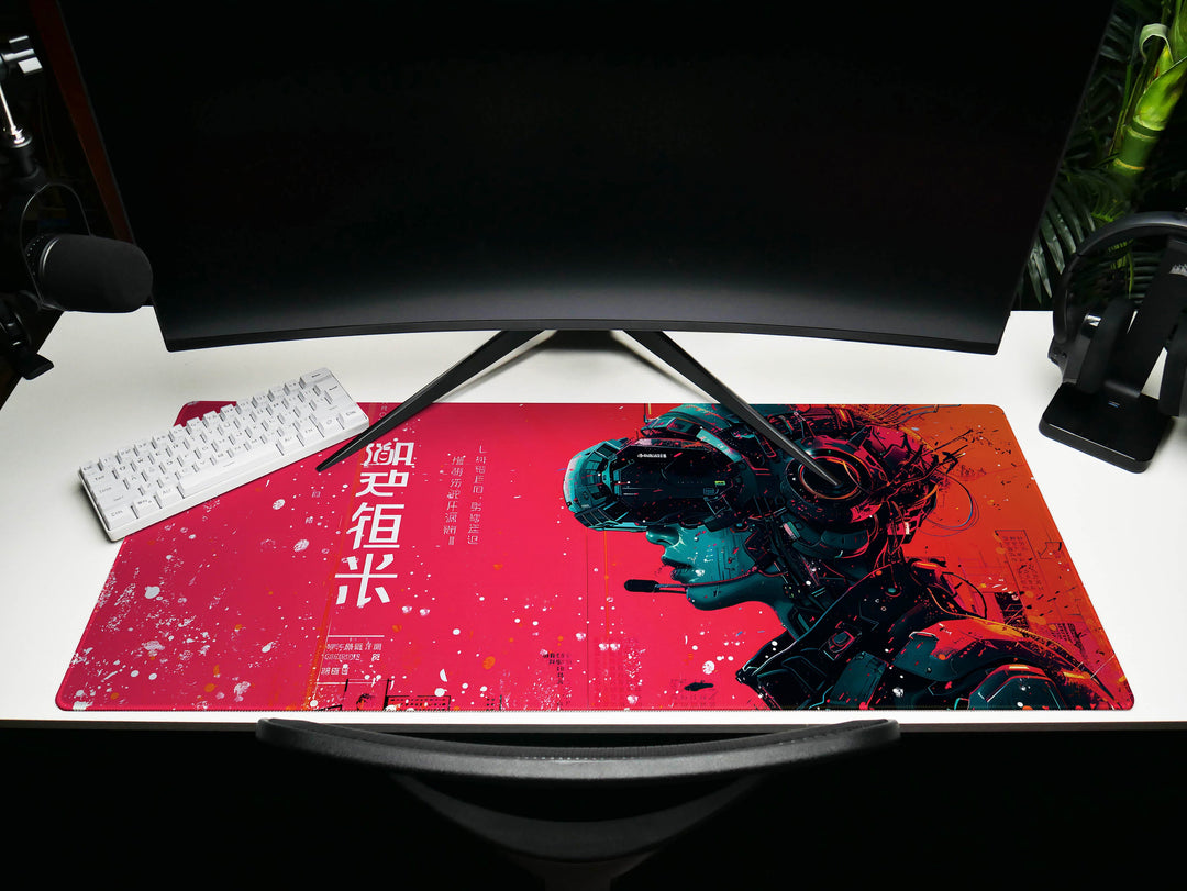 Cybernetic Vision Design 4, Desk Pad, Red Interface, Asian Fusion, Tech Noir Elegance, Wide Format, Cyberpunk Aesthetics