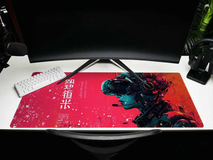 Cybernetic Vision Design 4, Desk Pad, Red Interface, Asian Fusion, Tech Noir Elegance, Wide Format, Cyberpunk Aesthetics
