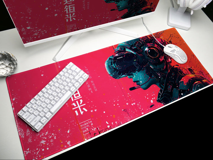 Cybernetic Vision Design 4, Desk Pad, Red Interface, Asian Fusion, Tech Noir Elegance, Wide Format, Cyberpunk Aesthetics