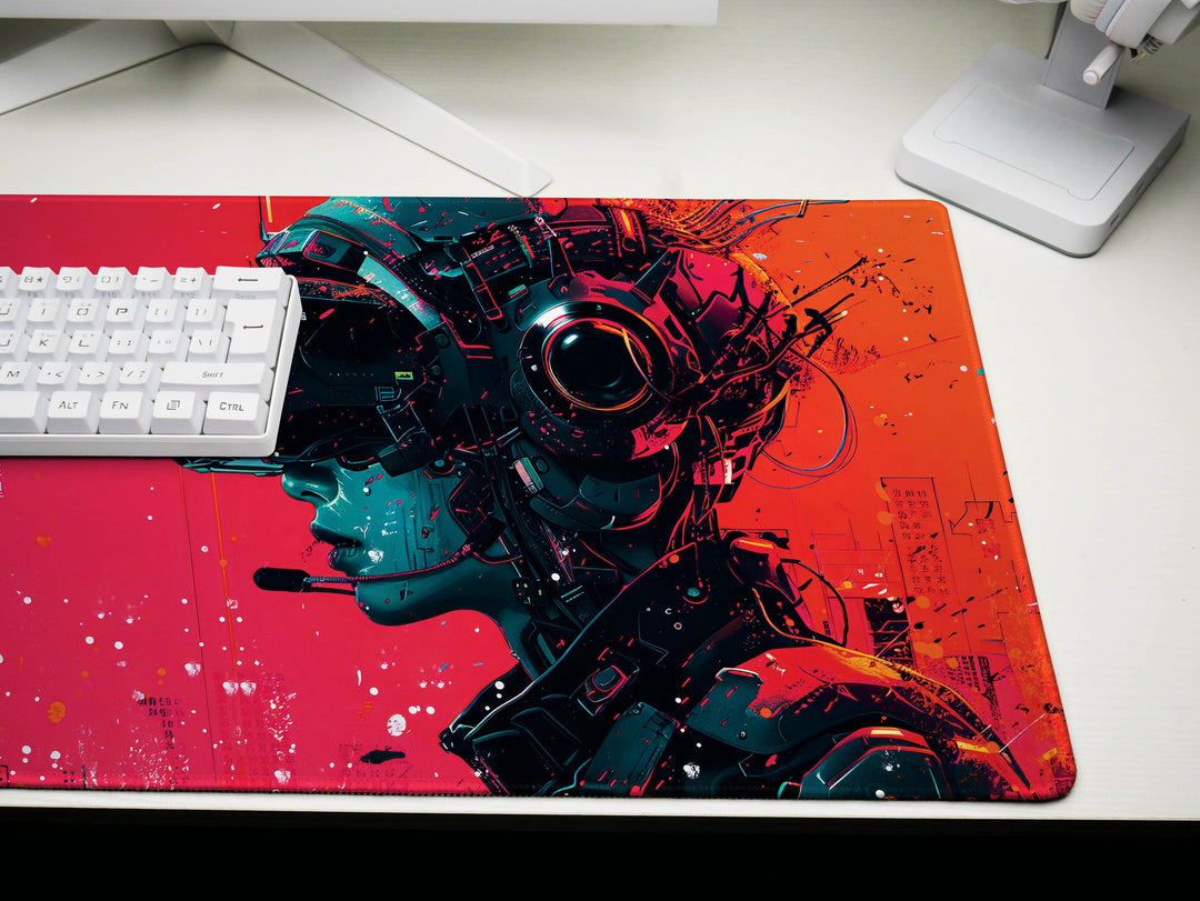 Cybernetic Vision Design 4, Desk Pad, Red Interface, Asian Fusion, Tech Noir Elegance, Wide Format, Cyberpunk Aesthetics