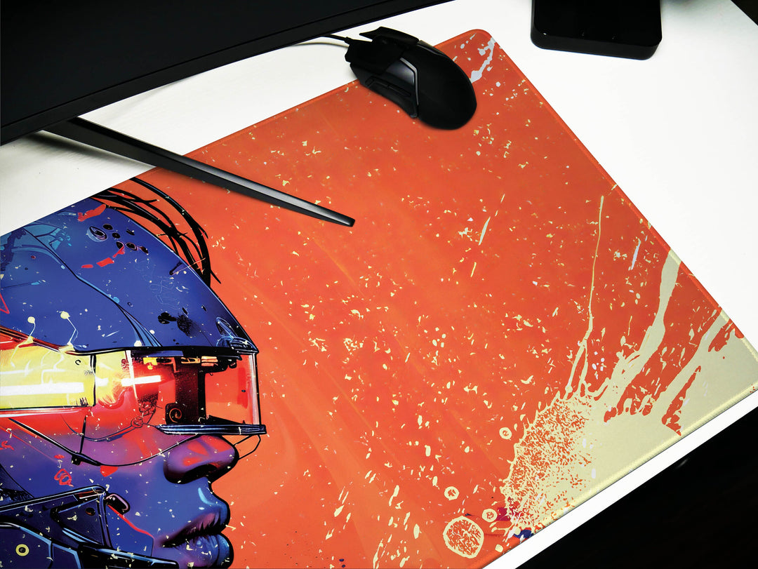 Cybernetic Vision Design 6, Desk Pad, Sunrise Sentinel, Cosmic Contemplation, Wide Format, Vivid Vanguard