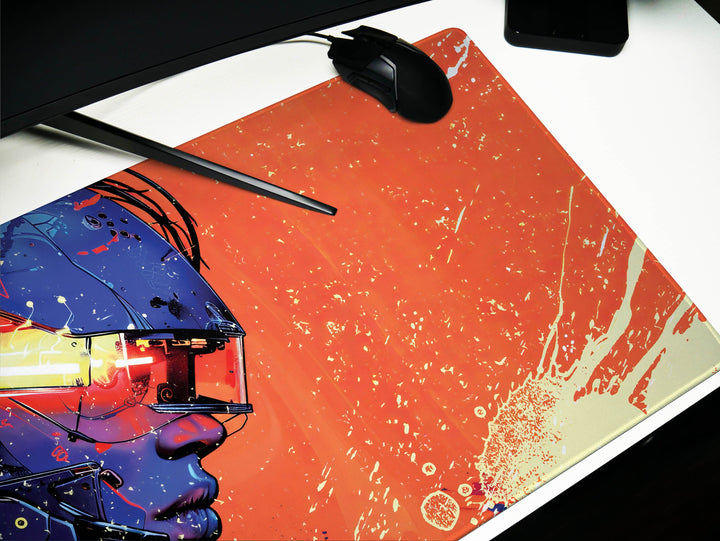 Cybernetic Vision Design 6, Desk Pad, Sunrise Sentinel, Cosmic Contemplation, Wide Format, Vivid Vanguard