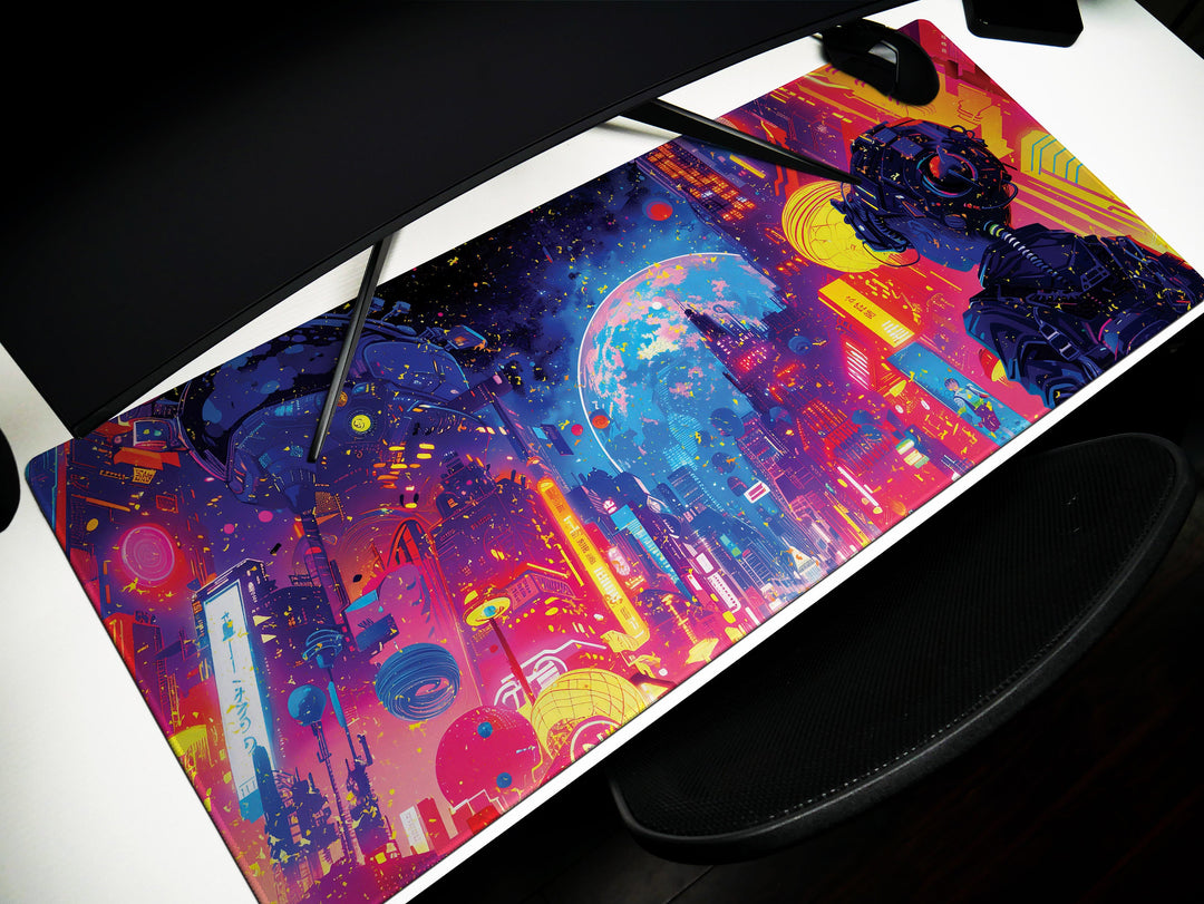 Cybernetic Vision Design 2, Desk Pad, Galactic Cityscape, Neon Metropolis, Cosmic Gaze, Wide Format, Stellar Ambiance