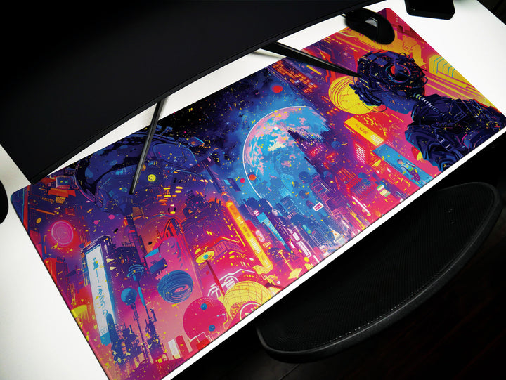 Cybernetic Vision Design 2, Desk Pad, Galactic Cityscape, Neon Metropolis, Cosmic Gaze, Wide Format, Stellar Ambiance