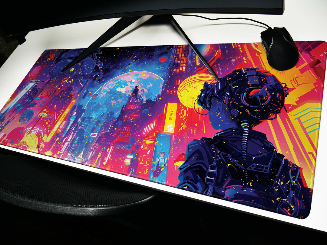 Cybernetic Vision Design 2, Desk Pad, Galactic Cityscape, Neon Metropolis, Cosmic Gaze, Wide Format, Stellar Ambiance