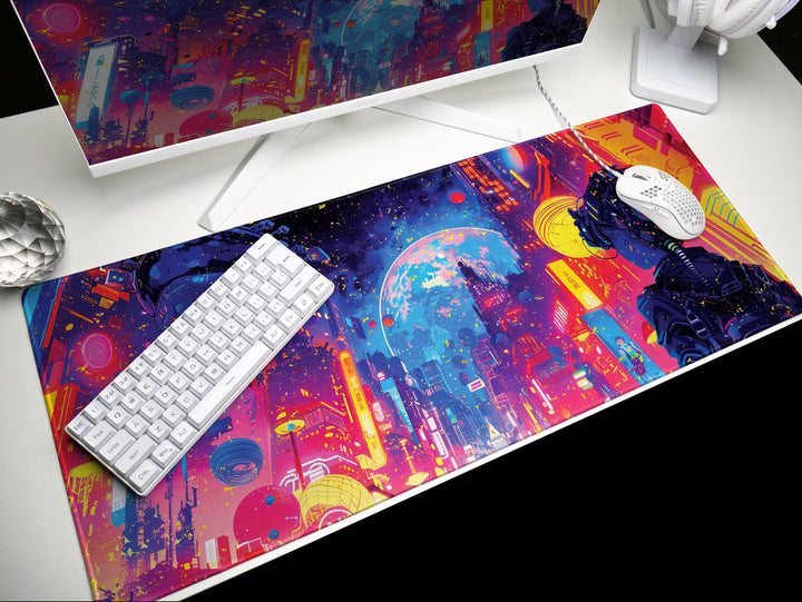 Cybernetic Vision Design 2, Desk Pad, Galactic Cityscape, Neon Metropolis, Cosmic Gaze, Wide Format, Stellar Ambiance