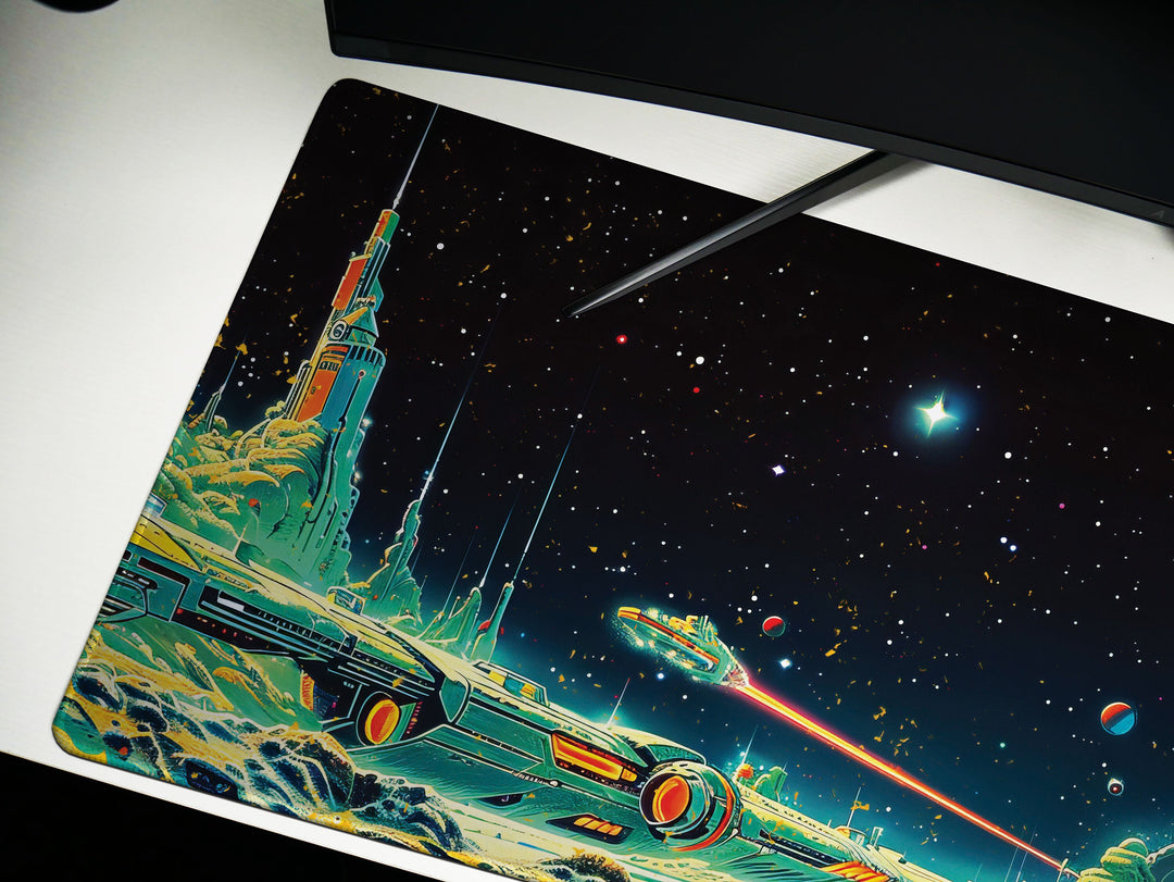 Astral Vantage Design 2, Desk Pad, Mouse Pad, Desk Mat, Starlit Spaceport, Cosmic Adventure
