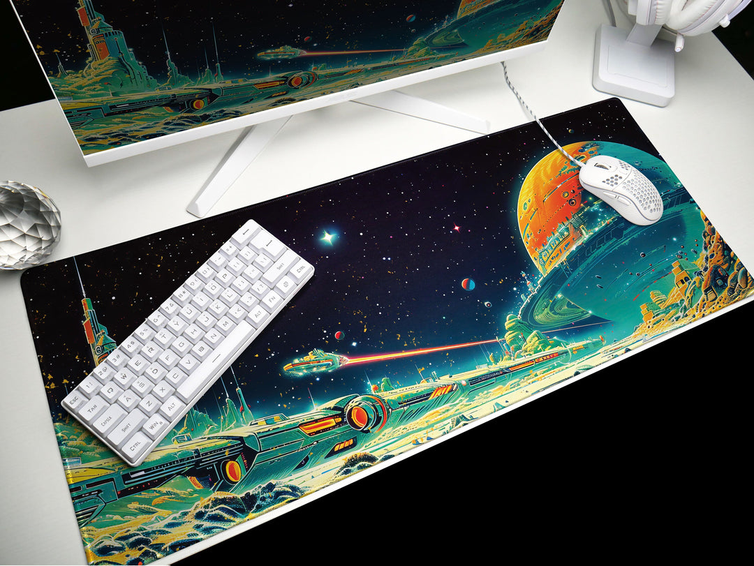 Astral Vantage Design 2, Desk Pad, Mouse Pad, Desk Mat, Starlit Spaceport, Cosmic Adventure