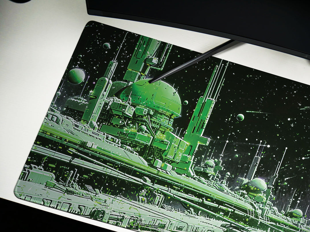 Astral Vantage Design 3, Desk Pad, Mouse Pad, Desk Mat, Verdant Planetary Outpost, Celestial Serenity